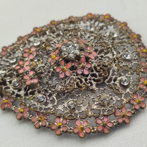 1920's Filigree, Rhinestone & Purple Enamel Flower Fur Clip from Czechoslovakia - Picture 4 of 7